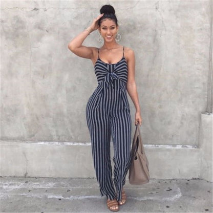 Summer New Blue Bodycon Backless Stripe Jumpsuits