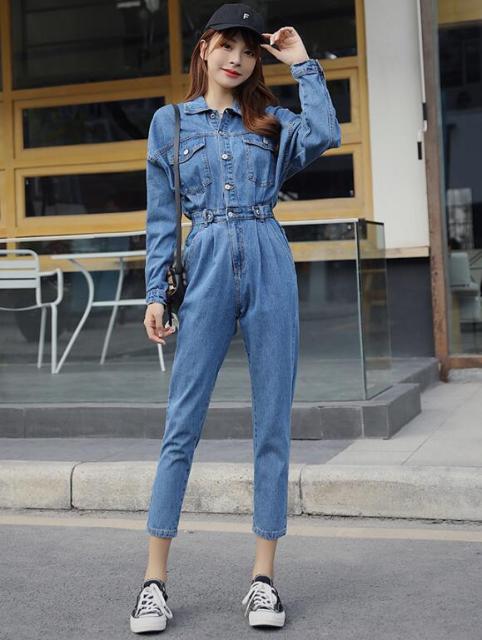 Long Sleeve Bodysuit Fashion Tunic Ladies Denim Overalls