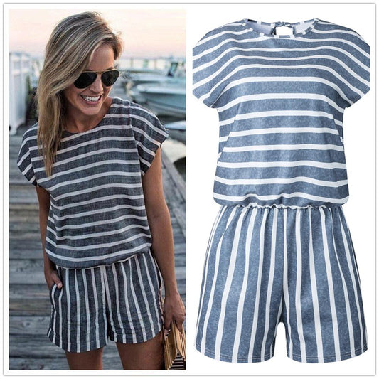 Casual Striped O Neck Short Sleeve Playsuit