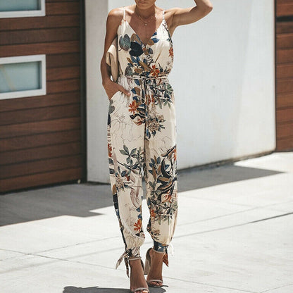 Women Casual Boho Floral Sleeveless Jumpsuits