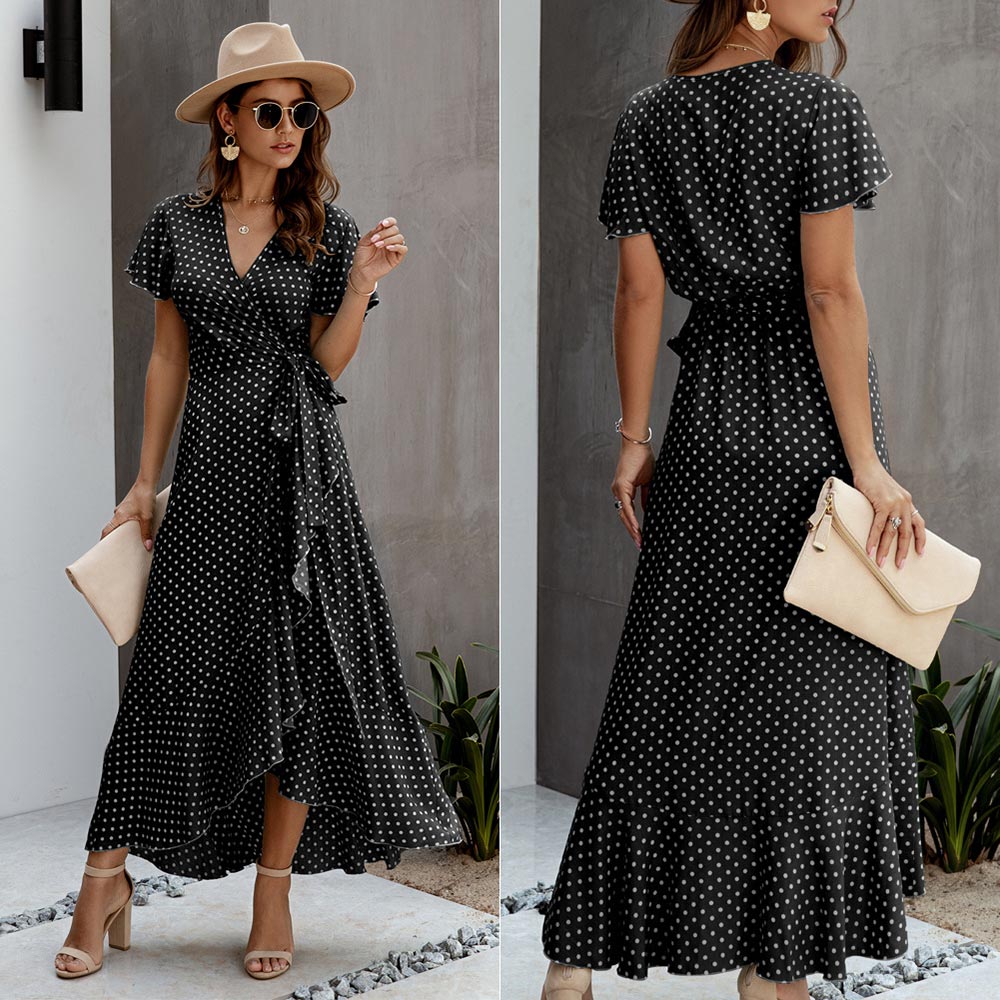 V Neck Ruffles Short Sleeve  Long Beach Dress for women