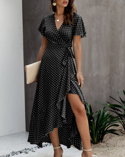 V Neck Ruffles Short Sleeve  Long Beach Dress for women