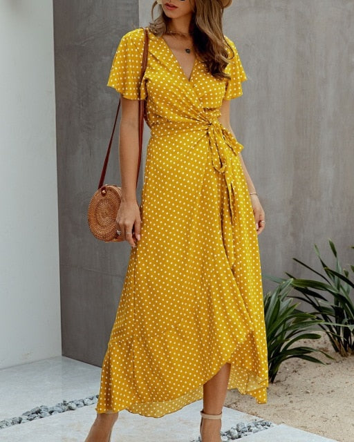 V Neck Ruffles Short Sleeve  Long Beach Dress for women