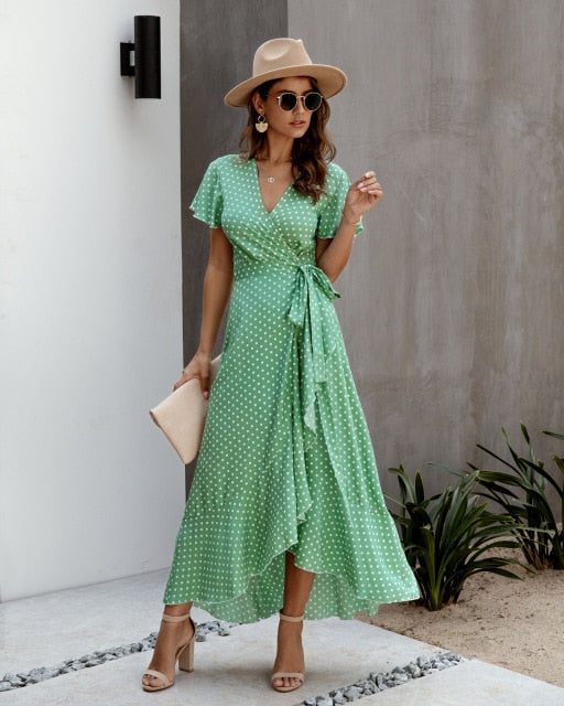 V Neck Ruffles Short Sleeve  Long Beach Dress for women