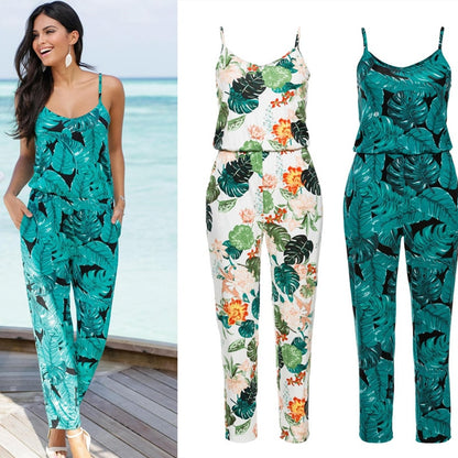 Strap Beach Boho Leaves Floral Print Romper