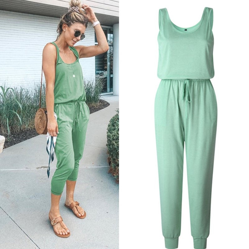 Casual Pocket Sleeveless Solid Belt Jumpsuit