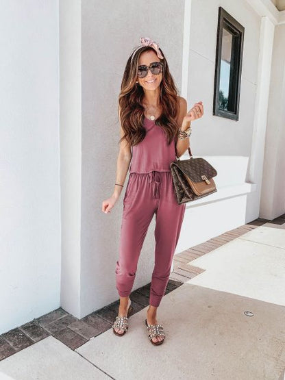 Casual Pocket Sleeveless Solid Belt Jumpsuit