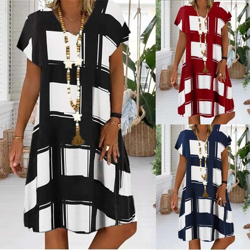 V-neck Short Sleeve Lattice Print Summer Beach Dress For Women