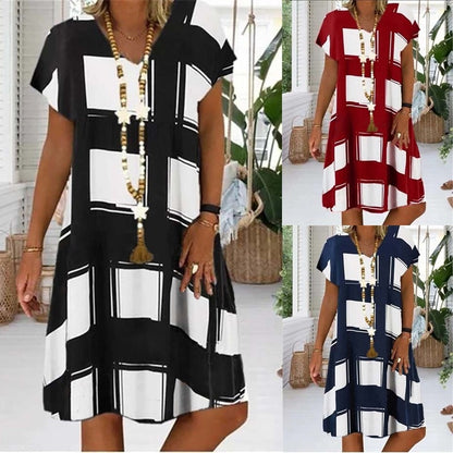 V-neck Short Sleeve Lattice Print Summer Beach Dress For Women