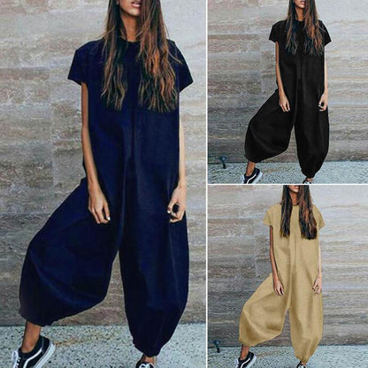 Women Short Sleeve Casual Loose Wide Leg Jumpsuit