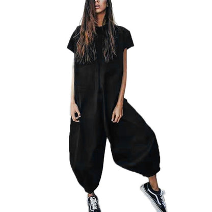 Women Short Sleeve Casual Loose Wide Leg Jumpsuit