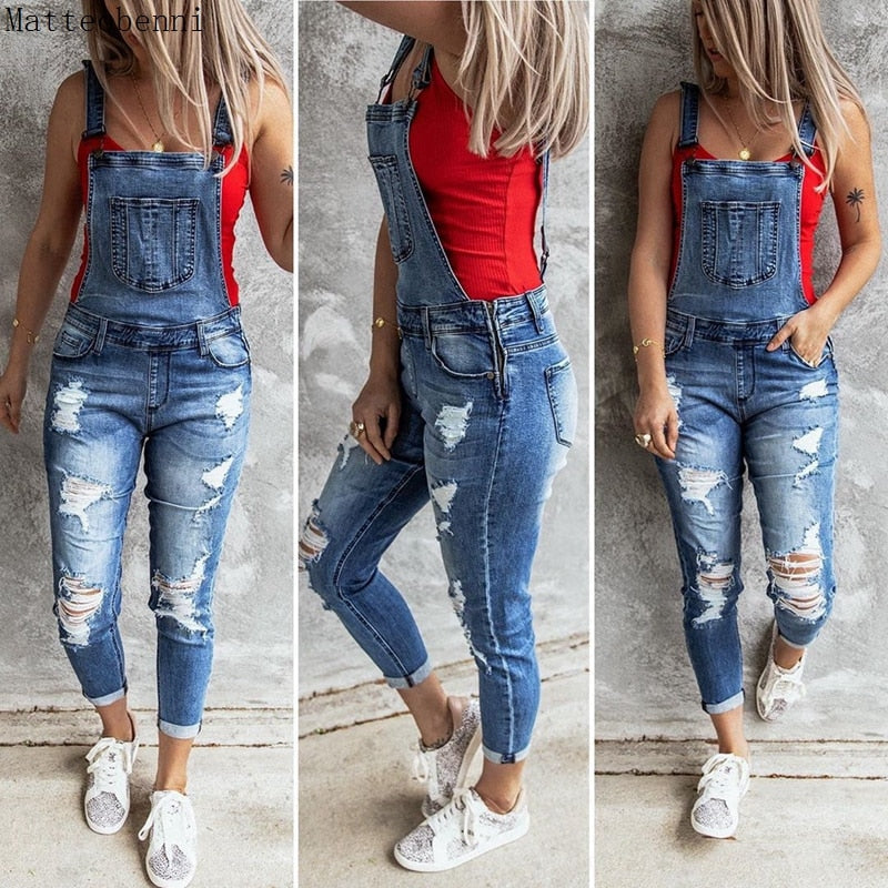 Women Ripped Hole Denim Jumpsuit