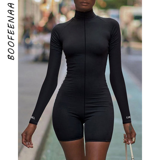 Women Front Zip Long Sleeve Bodycon Biker Short Rompers