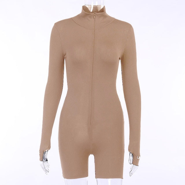 Women Front Zip Long Sleeve Bodycon Biker Short Rompers