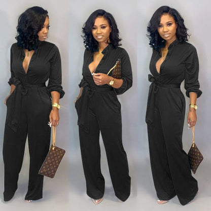 Stand Collar Long-sleeved Solid Color Casual Jumpsuit