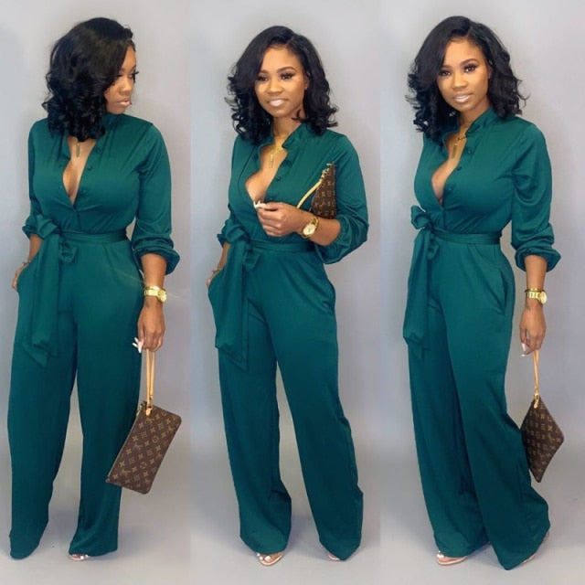 Stand Collar Long-sleeved Solid Color Casual Jumpsuit