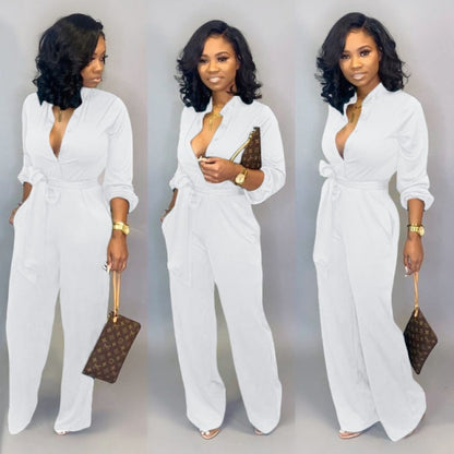 Stand Collar Long-sleeved Solid Color Casual Jumpsuit