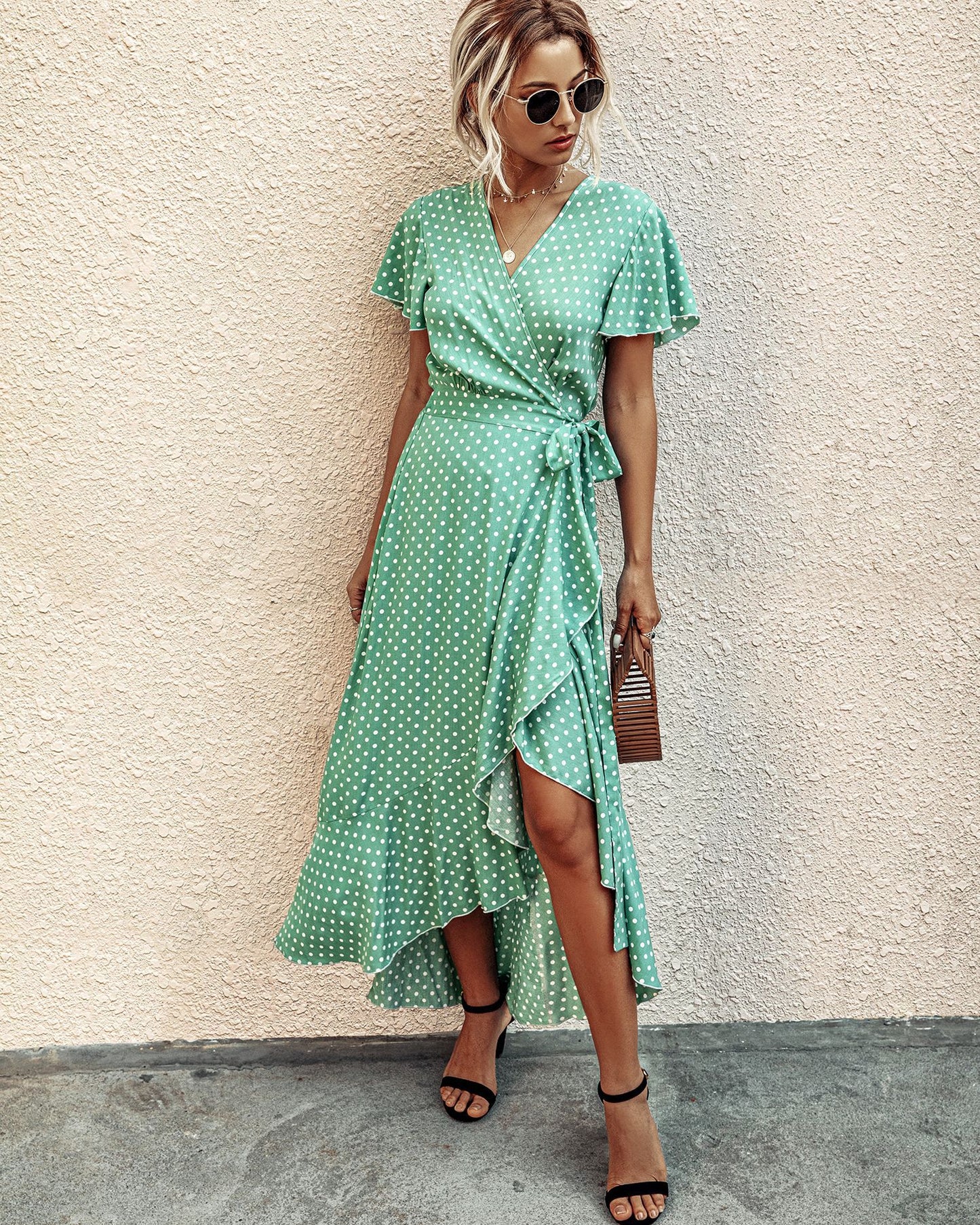 V Neck Ruffles Short Sleeve  Long Beach Dress for women