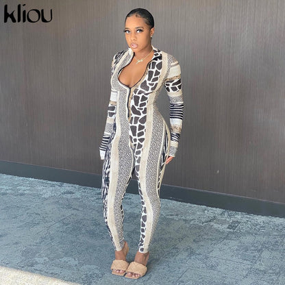 Women Leopard Pattern Printed Zipper Jumpsuit