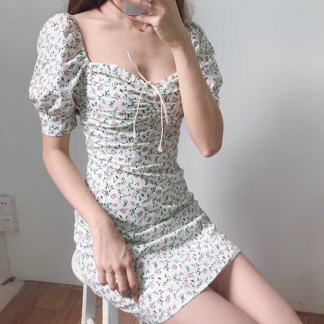 Tie Neck Floral Print Puff Sleeve Summer Dress For Women