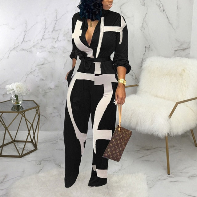 Leopard Tied Waist Long Sleeve Jumpsuit