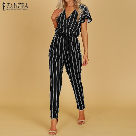 Elegant Women Deep V Neck Belted Workwear Summer Romper