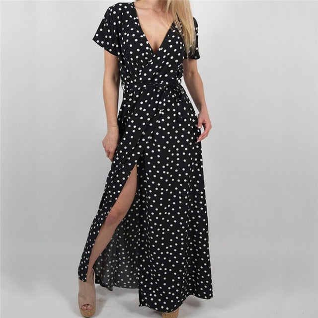 V Neck Short Sleeve  Dot Print Long Dress Summer Beach Dress For Women