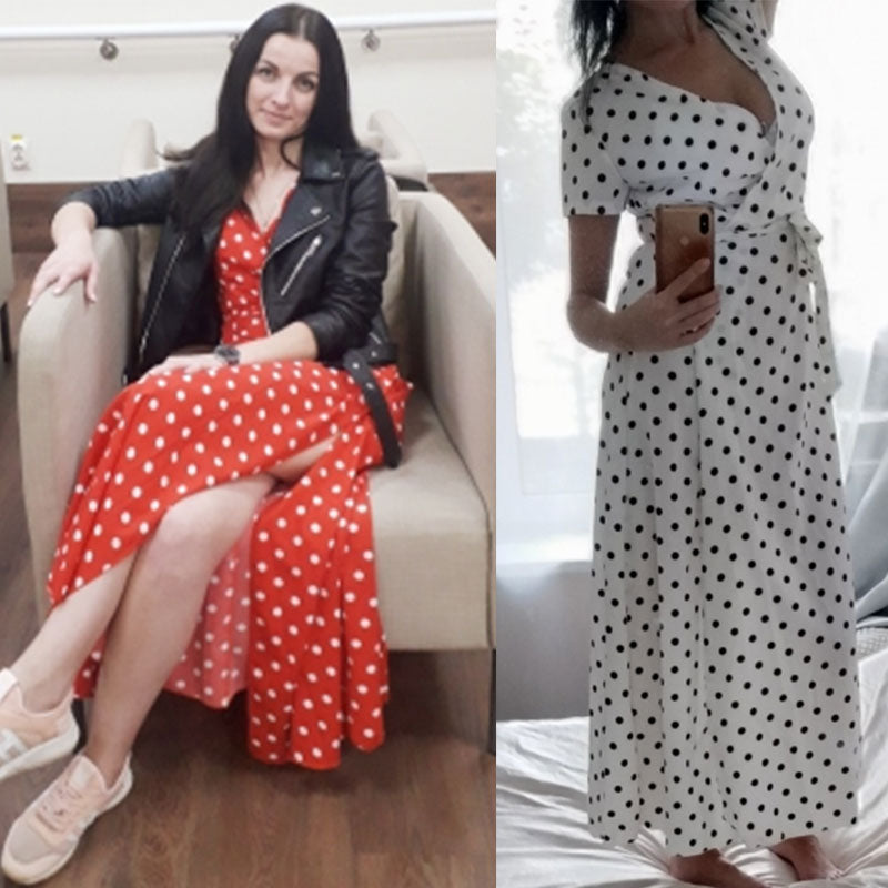 V Neck Short Sleeve  Dot Print Long Dress Summer Beach Dress For Women