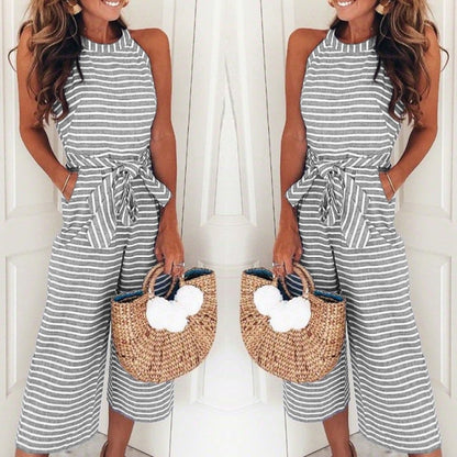 Women Strip O Neck Sleeveless Long Rompers