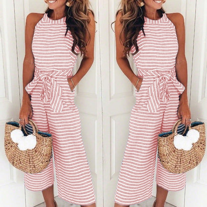 Women Strip O Neck Sleeveless Long Rompers