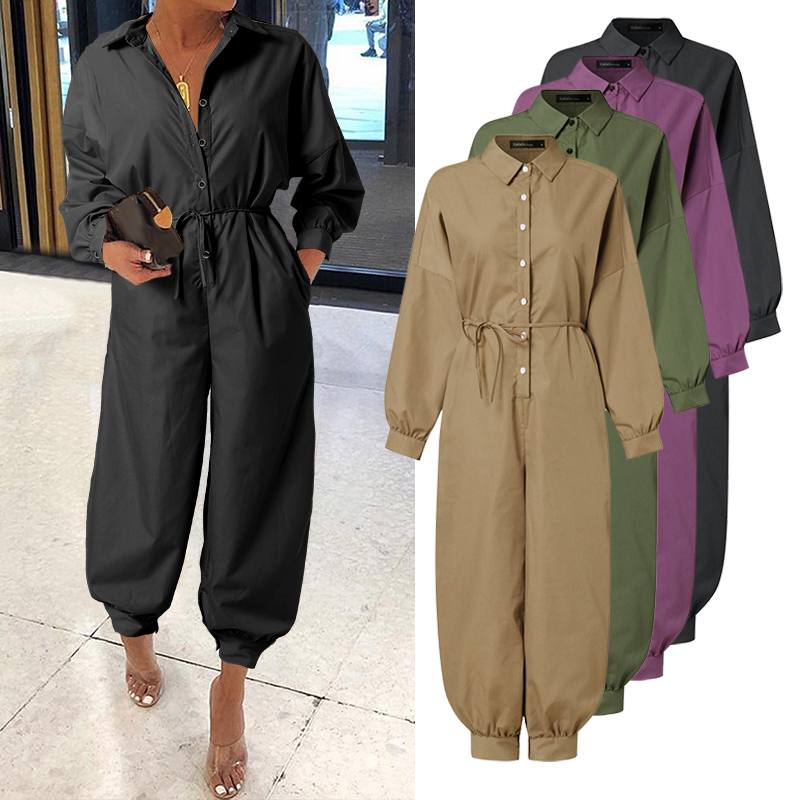 Women Long Sleeve Belted Vintage Jumpsuits