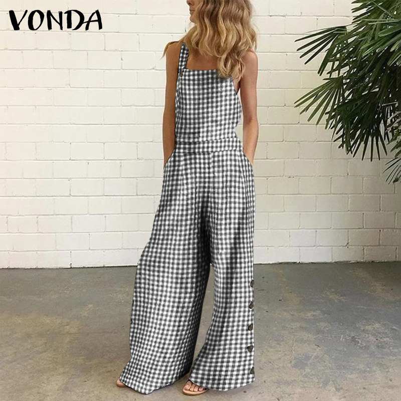 Women Wide Leg Pants Vintage Plaid Suspenders Casual Overalls