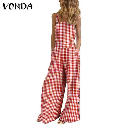 Women Wide Leg Pants Vintage Plaid Suspenders Casual Overalls