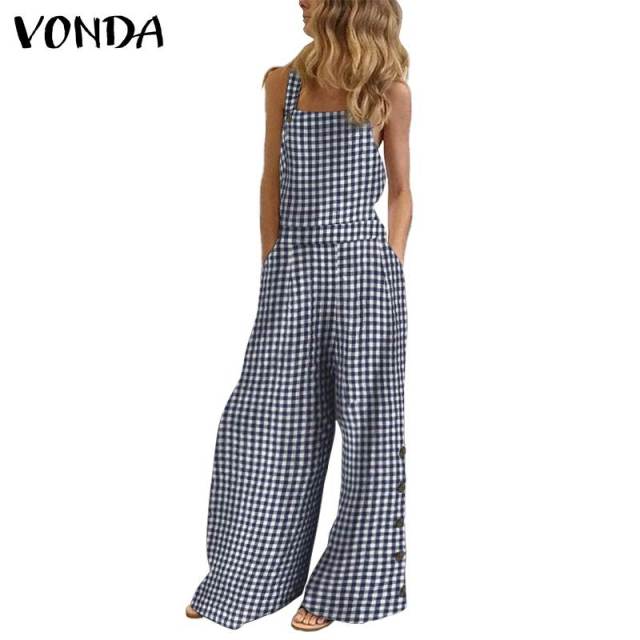 Women Wide Leg Pants Vintage Plaid Suspenders Casual Overalls