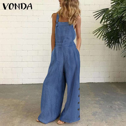 Vintage Pockets Buttons Wide Leg Pants Female Jumpsuit