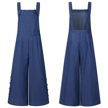 Vintage Pockets Buttons Wide Leg Pants Female Jumpsuit