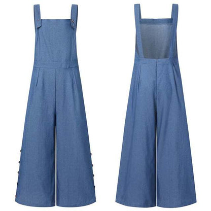 Vintage Pockets Buttons Wide Leg Pants Female Jumpsuit