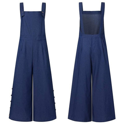 Vintage Pockets Buttons Wide Leg Pants Female Jumpsuit