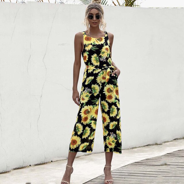 Women Overalls Romper Sunflower Wide Leg Jumpsuit