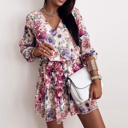 Chiffon V Neck Flower Print  Long Sleeve Short Dress For Women