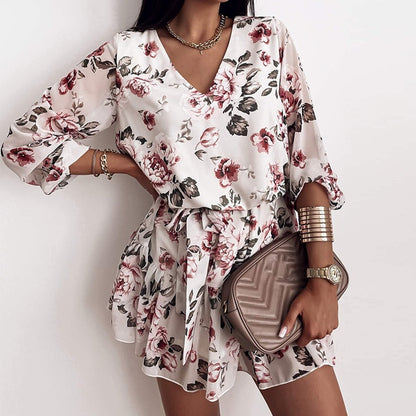 Chiffon V Neck Flower Print  Long Sleeve Short Dress For Women