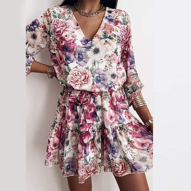 Chiffon V Neck Flower Print  Long Sleeve Short Dress For Women