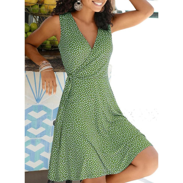 V Neck Sleeveless  Beach Summer Polka Dot Dress For Women