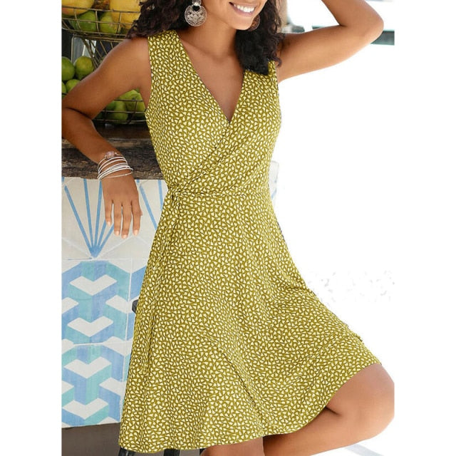 V Neck Sleeveless  Beach Summer Polka Dot Dress For Women