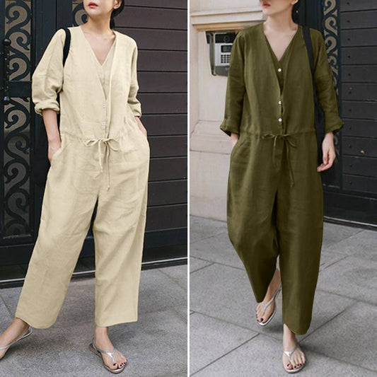 Women  V Neck Solid Bottoms Long Sleeve Jumpsuit