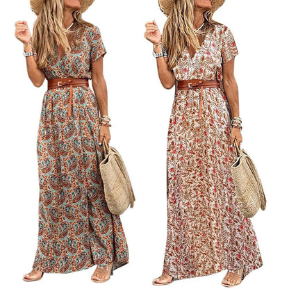 V Neck Short Sleeve Paisley Print Long Beach Dress For Women