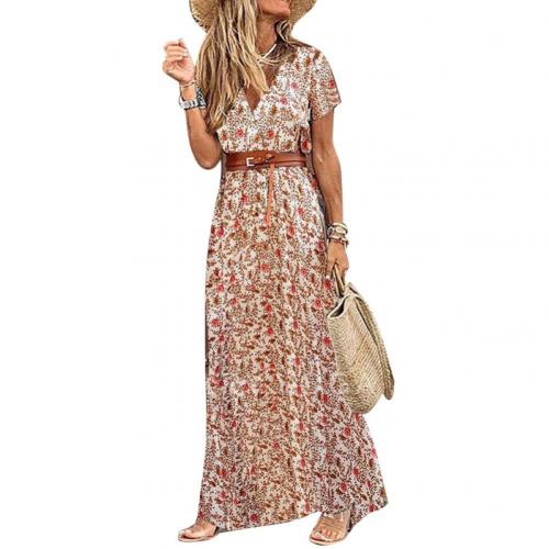 V Neck Short Sleeve Paisley Print Long Beach Dress For Women