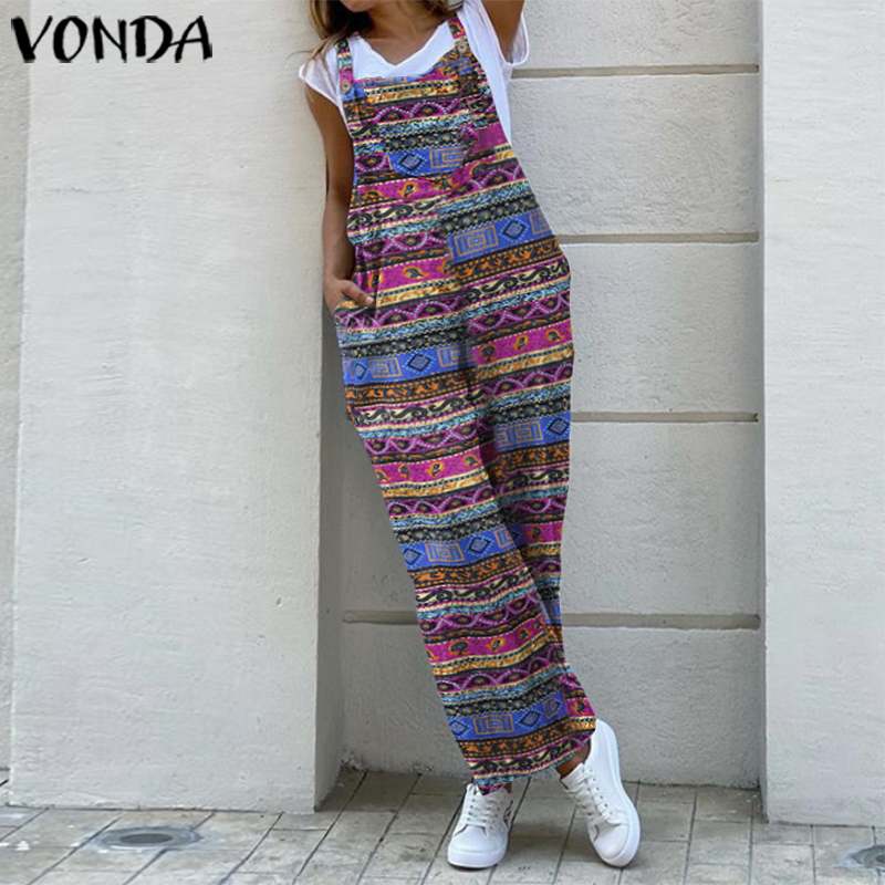 Women Sleeveless Cotton Stripe Wide Leg Overalls