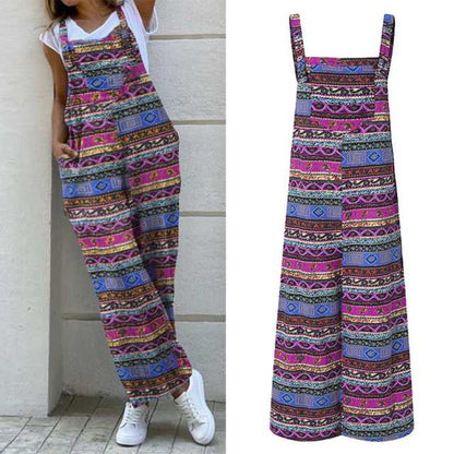 Women Sleeveless Cotton Stripe Wide Leg Overalls