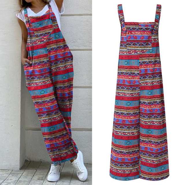 Women Sleeveless Cotton Stripe Wide Leg Overalls